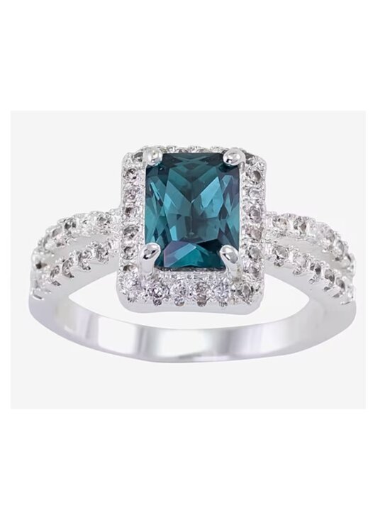 Jewelry - Sparkle Allure Blue Crystal Halo Cocktail Ring | Split Shank Silver Over Brass